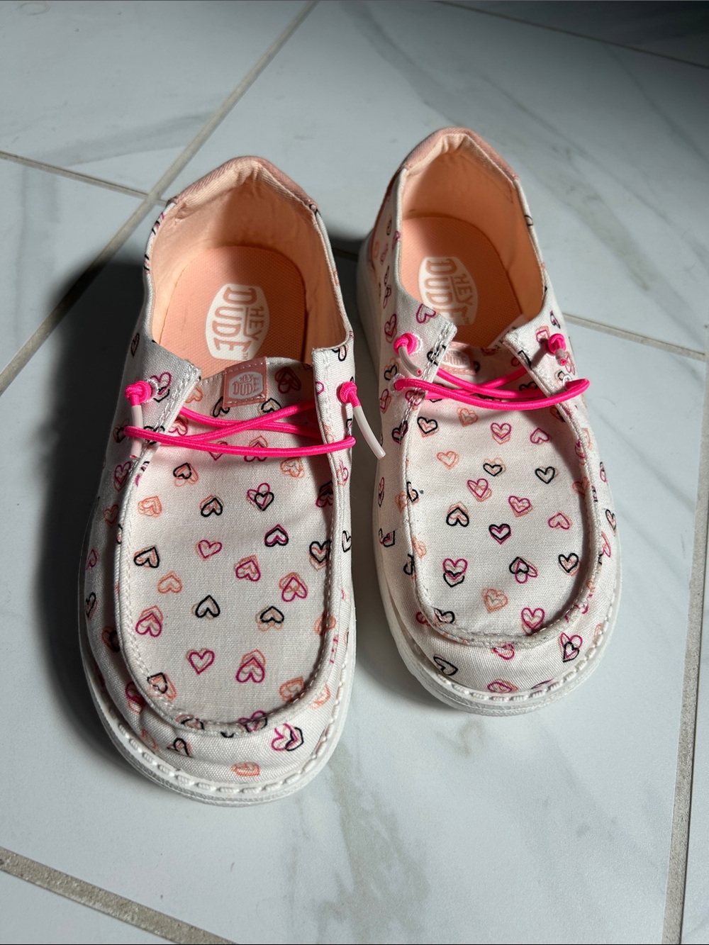 Hey Dude Kids Moccasins with Pink Heart Print and Hot Pink Laces